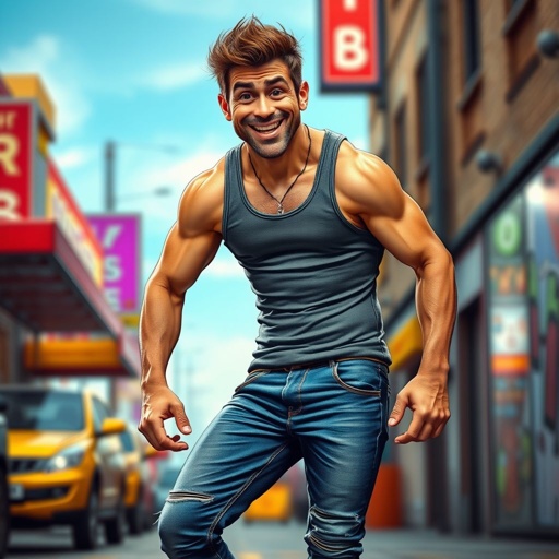 Create a funny looking man who’s jeans and tank top is so tight head to toe