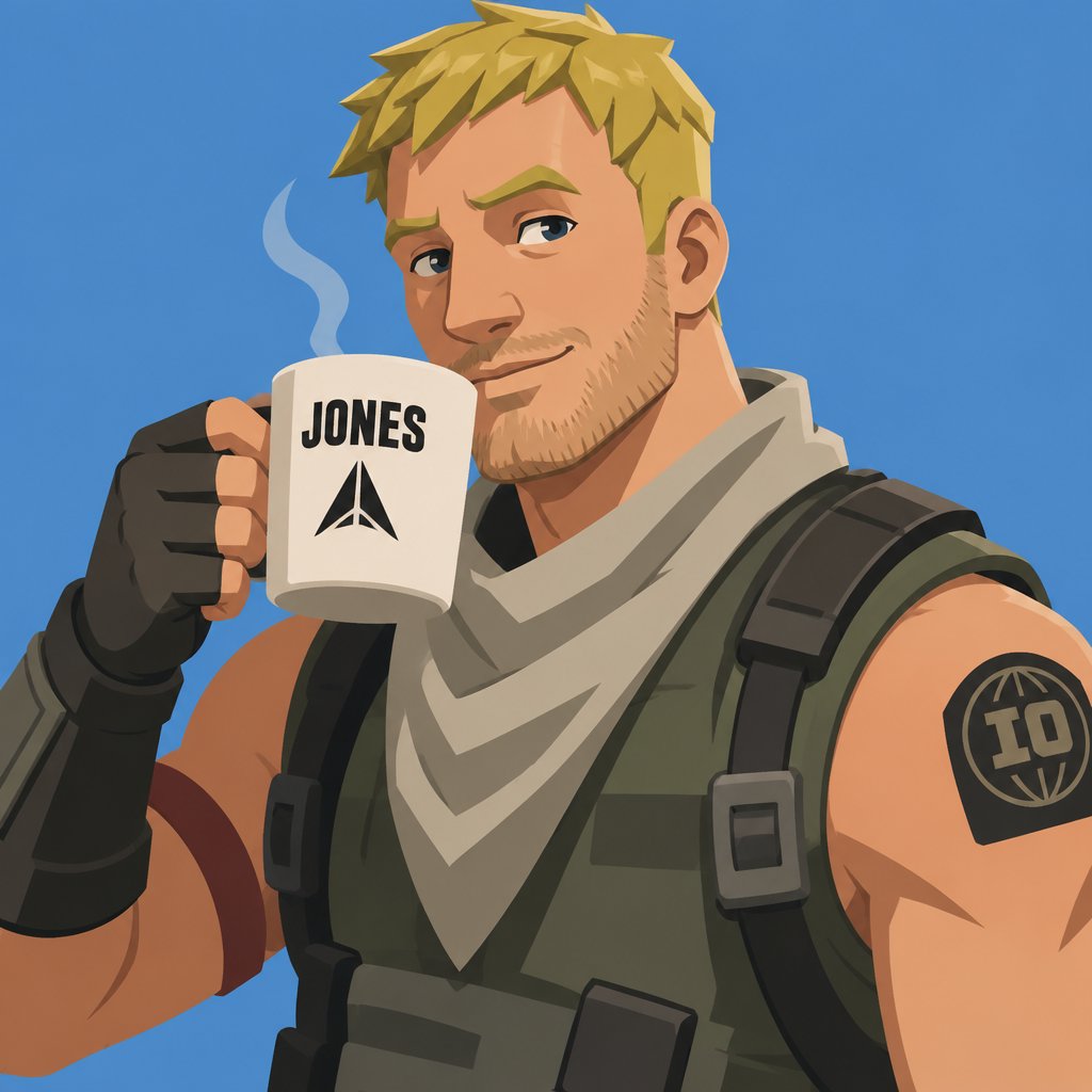 Jones from Fortnite stubble, drinking coffee in the morning
