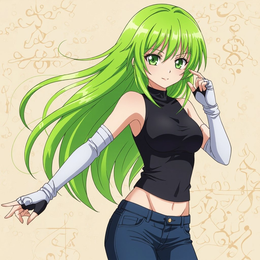 a girl with green hair, blonde bangs, green eyes, black sleeveless top, midnight blue Jeans and white fingerless gloves