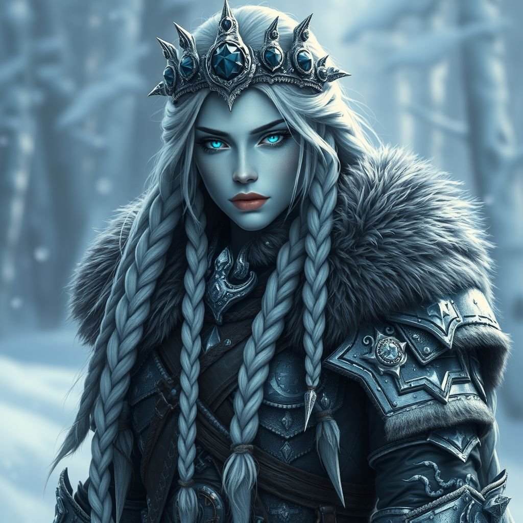 Create a character : A tall, battle-hardened woman with pale, icy-blue skin. Her long silver hair flows in braids tipped with frozen beads. She wears heavy, fur-lined armor made from the hides of snow beasts. Her eyes glow faint blue. A frost-shaped crown rests lightly on her head. Please show whole character not just waste up.