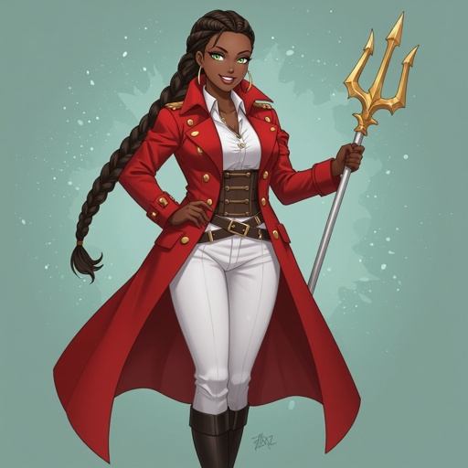 human, african american, woman, red double-breasted greatcoat, white pants, black boots, belts, trident, braid, green eyes, smiling, thicker woman, happy