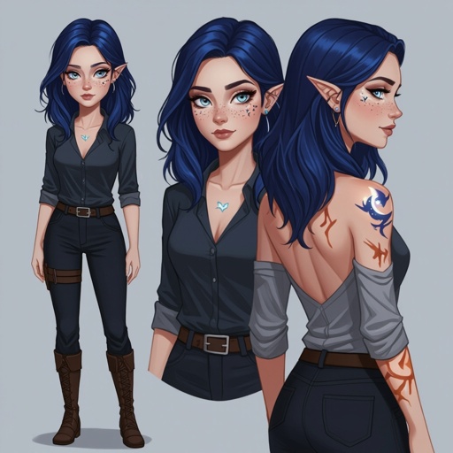 Hair:Dark Blue into Black- waist length Facial features: star freckles, eye brow scar on right side( closest to the nose), crescent moon birthmark behind the left ear - close to the lobe Eyes: Grey Body Type: Hourglass Height: 4’8 Preferred outfit: Long Sleeve Shirt and Pants Other: • Scars on arms, back, and legs • Burn marks on back and arms • Draco Constellation on right shoulderblade