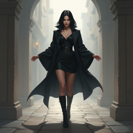 Show character head to toe. Create mysterious woman jet-black hair is cut sharpand her eyes seem to pierce through darkness. A shadowy aura clings to her form,