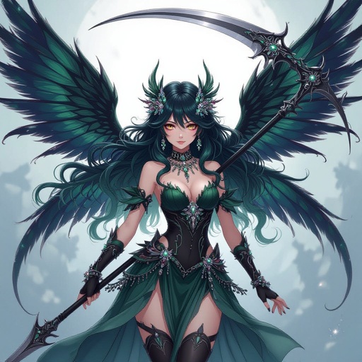 Dark fairy with big wings, wavy hair with green highlights, lots of jewelry, holding scythe