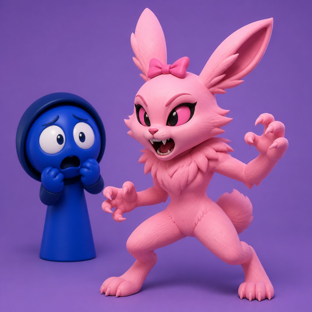 Pinki from sprunki starting to turn into her kind Wererabbit self in front of Jevin from sprunki with her legs and tail transforming and then her arms and then her ears and her neck gets fluffy and then she’s fully transformed with her eyes being black and pink