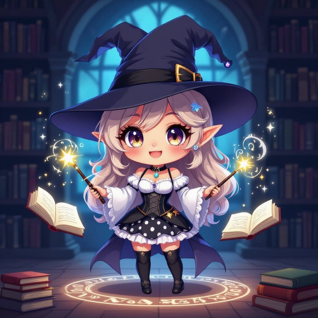 A semi-realistic, fantasy-parody portrait of Mythanna Junedae, the High Elf Wizard of Abjuration known as The Enigmatic Librarian. Scene & Lighting Set within the Eight Mages Academy library — tall rune-lit shelves and drifting motes of golden dust. Warm candlelight mixes with cool magical glow from abjuration sigils swirling faintly around her. The tone balances academic gravitas with theatrical flair — tongue-in-cheek fantasy parody realism. Appearance Mythanna stands in a confident, slightly playful pose, one hip cocked, surrounded by hovering spellbooks and glowing ward-circles. Her expression is both coy and calculating — the smile of someone who knows far more than she lets on. She has brunette wavy hair, luminous elven features, and expressive brown eyes that catch the light of the runes. Her ears are prominent and elegantly pointed. Her skin tone is soft fair ivory with a faint warm flush. Iconic Outfit (Hard-Locked) • White blouse with puffed sleeves and a black ribbon bow at the collar. • Black rune-stitched corset worn over the blouse, fitted and elegant. • High-waisted black-and-white polka-dot skirt, ending mid-thigh. • Dark thigh-high stockings leaving a bare-thigh gap visible. • Shin-high rune-stitched boots, practical yet fashionable. • A small pearl pendant rests at her throat — her arcane focus. • Hat of Wizardry, decorated with tiny polka-dot runes and a faint magical shimmer, sits jauntily atop her hair. Magic & Effects • Glowing golden abjuration sigils orbit around her hands and wrists. • Several floating tomes hover nearby, their pages turning of their own accord. • A soft halo of protective wards (circles and geometric lines of light) surrounds her body, subtly transparent. • Her Pearl of Power glows at her throat, pulsing in sync with the wards. • She holds her Wand of Magic Missiles, carved and polished, faintly glowing at the tip. Composition Full-body portrait framed from head to shins, 2:3 aspect. Candle-warm foreground light with cool sigil back-glow. Parody-fantasy realism style — equal parts glamorous and arcane.