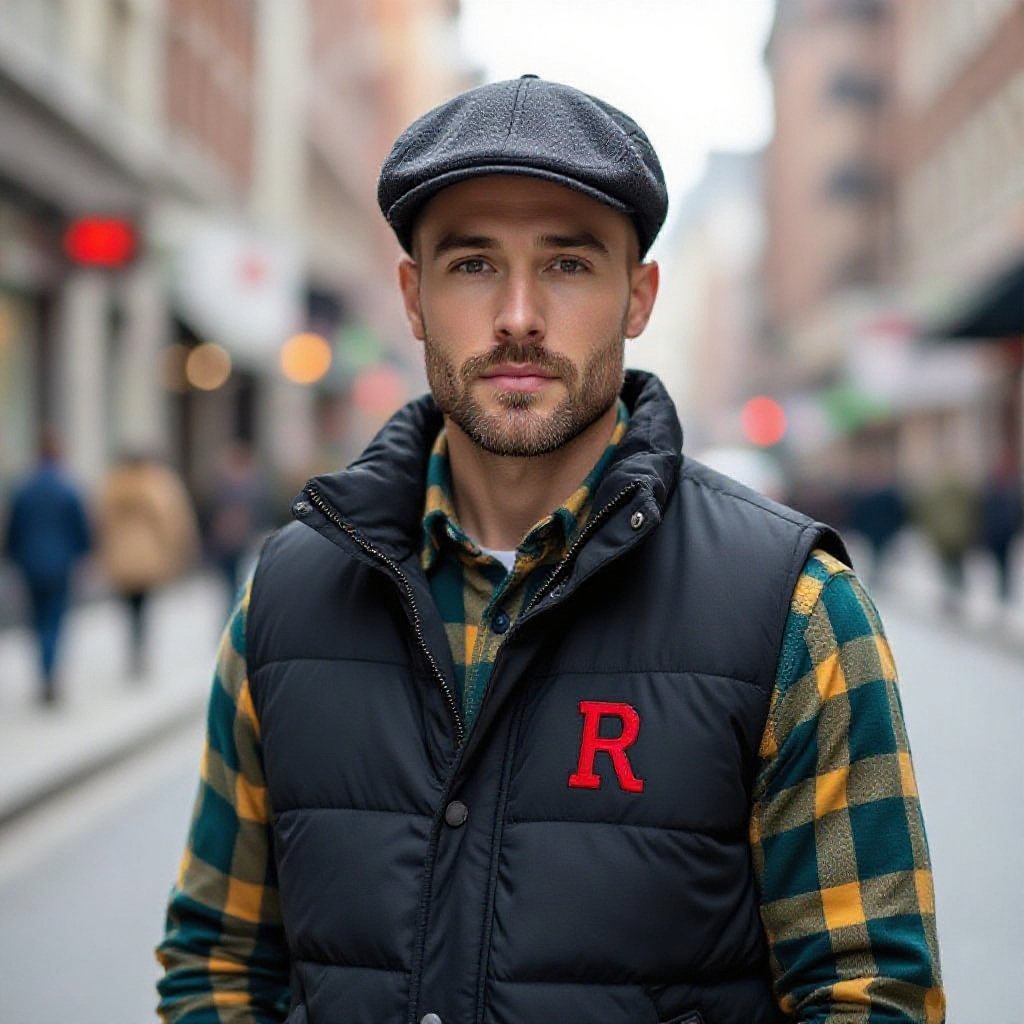 Man in black and light Grey puffer Vest . A Teal and Yellow Flannel underneath. He wears a dark grey leather flat cap with a Red R that’s been slashed on the vest and Cap