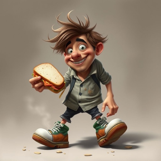Create a funny looking clumsy sandwhich thief with funny shoes on 