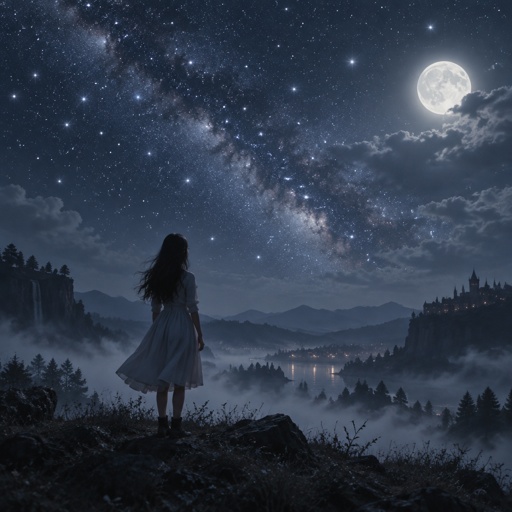 Mädchen im Nachhimmel voller Sterne