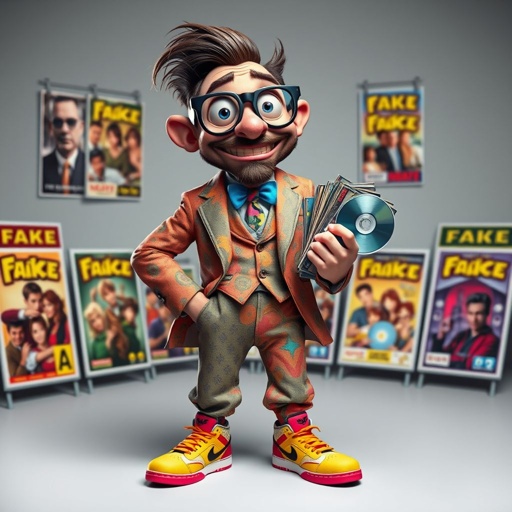 create a guy name bootleg who sellers dvd's for movies that are fake dvds. Make him funny looking. And make sure the image shows him head to toe like his whole outfit