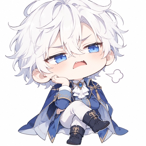 Male, fluffy white hair, big blue eyes, long smile, snobby, wears blue, whiny,