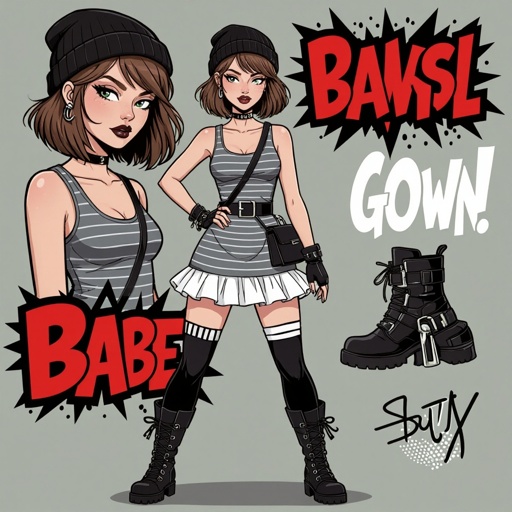 Light Brown Short Hair Babe Striped gray tank dress with white ruffled mini-skirt, thigh-high socks, chunky black buckle boots, black beanie, and cross-body bag — casual goth-punk streetwear.