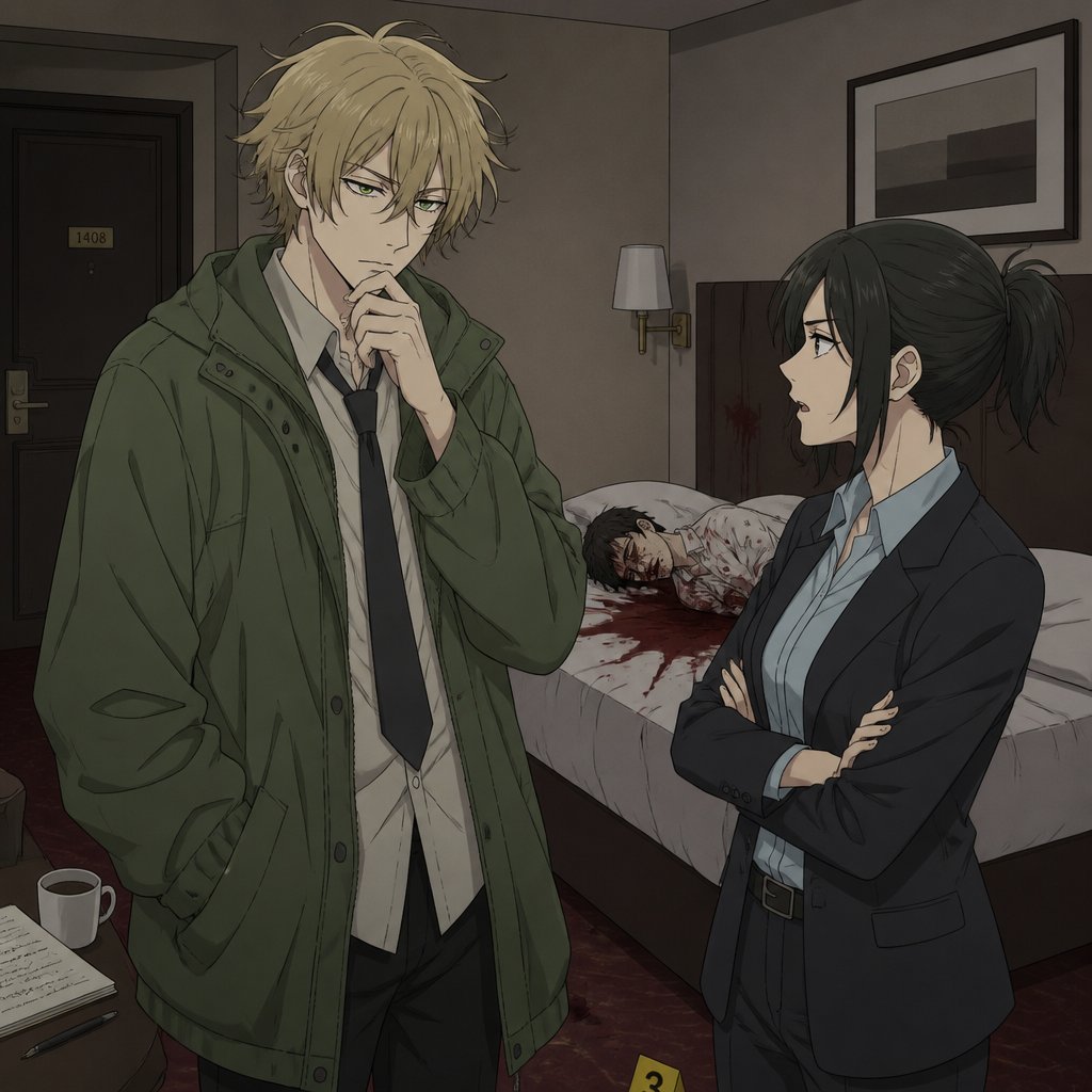 Anime Male great detective takes his job real seriously and is really good at it in his mid 20s with medium really crazy messy light blonde hair, tall thin, tied, strange green eyes wearing a baggy loose mossy green jacket tired face thinking hard about the crime scene and talking to his partner about it, partner looking annoyed at him but also concerned about him but also trying to take this case seriously they are talking about the crime scene and what could have happened and who would do this, crime scene is in hotel room, very gruesome one, no one new the person was even there and was only found out today making it harder to figure it out but the detective won't give up and do whatever he can His past was not great he had red hair and blue eyes before changing his hair and eye colors his family hatted him, he was born with the ability to camouflage and is able to change his colors which is how he got his blond hair and blue eyes