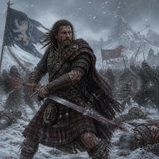 William Wallace type Scottish warrior Highland Peppermint in a battle field in a snow storm with a battle going on all around him and he is fighting as well