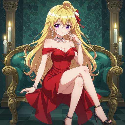 She has blonde hair and purple eyes and a red dress and black high heels and pearl earrings 