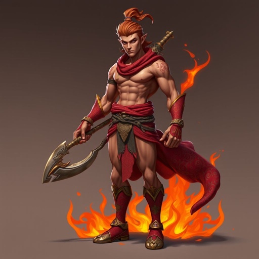 Create handsome hero Rhen the Fire – A lean, muscular man. He wears layered, flowing desert robes dyed in warm reds and golds, with scorch marks where flames have licked them. A curved blade hangs at his hip. Show whole body head to toe including her shoes.