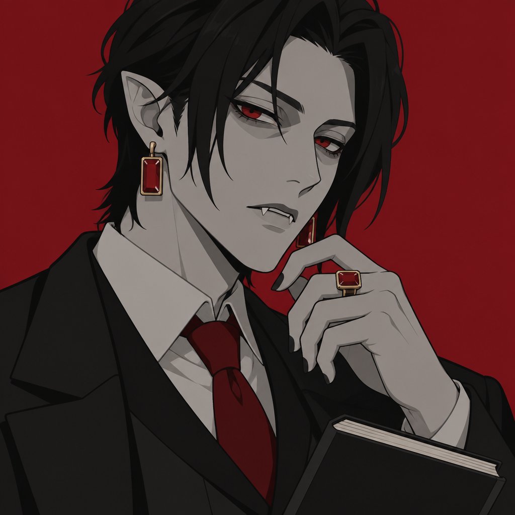 Male vampire, black hair long in the front short in the back hair of ears in the middle of face dropping,red eyes has eyeliner the bottom eyeliner has two eyelashes, pointy ears, gray skin,cheekbones, little bit of eye bags,big red square earrings and a ring,is a teacher