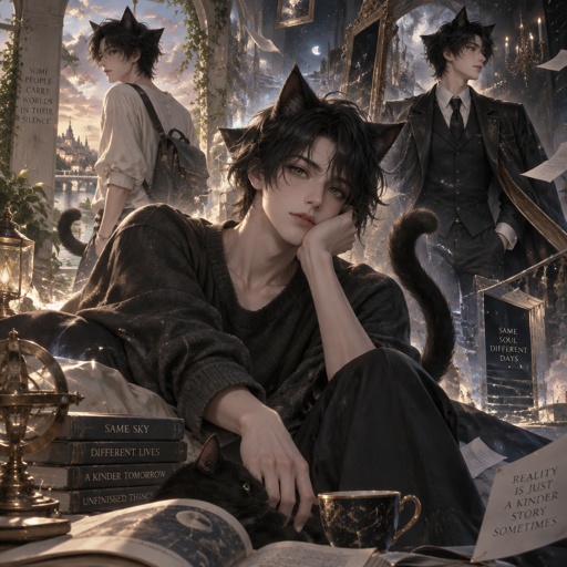 black medium length hair. sharp green eyes. his ears and tail are black as well. wears more casual clothing but will dress up when needed. has a slender frame that's useful for agility rather than power. he has a cute look to him.