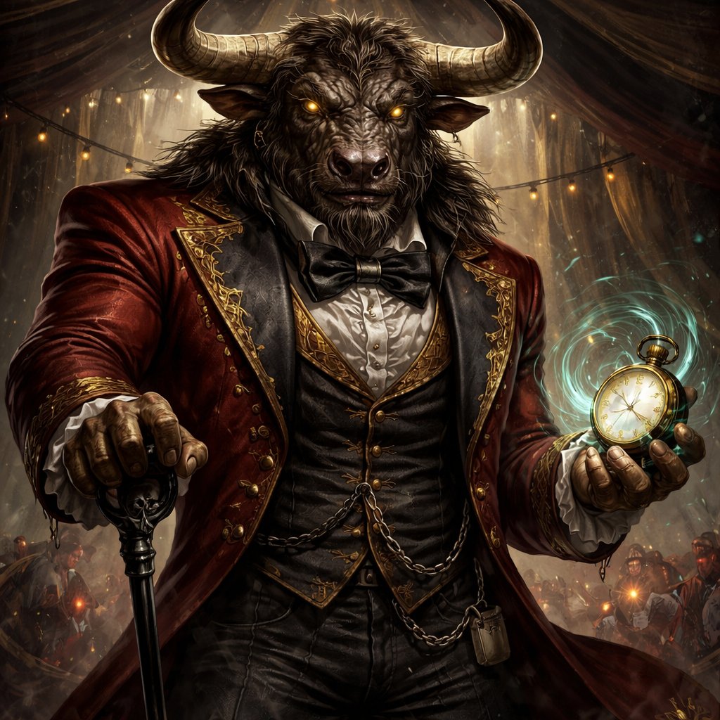 Minotaur with a well~proportioned figure and is Ringmaster of a Freak Show. That has a abilities like Reality Rejection,Time Manipulation (Chronokineses), Zoolingualism (Language of Cattle only), Human Speech.