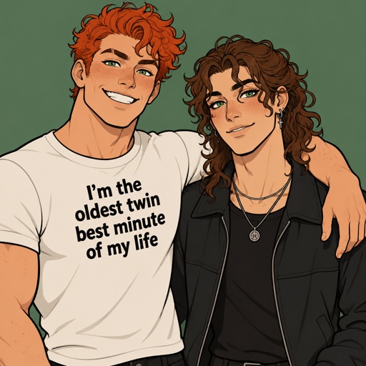 Twin brothers adults,orange red bushy curly hair,green eyes,light skin,one brother is taller and stronger with freckles, the other brother is thinner,no freckles,wears,the skinny one has long curly hair is more brushed,wearing mascara,earrings,nice jacket and two necklace,other brother is buffer curly hair,big grin,right eyebrow shaved in the middle,wearing a teeshirt that says “I’m the oldest twin best minute of my life 