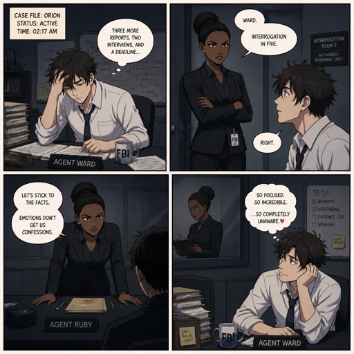 Anime style, Agent Ward nice hair,is tallish,clean shaven,nice,no glasses,cares about partner,shy, good at his job,very organized but when a lot of work happens all at one and there’s a limited time he can get very disheveled,likes his partner but to scared to admit it,is smart,his partner Ruby she's dark skin serious ,intimidating,plays by the rules makes sure she gets all the answers she needs and makes sure those she interrogators gives her all the answers needs to know about she doesn’t know about Wards feeling,as a comic