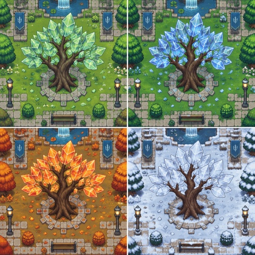 Glasswood Tree dark trunk with translucent, crystal-like leaves, small leaves,  for a fantasy place that’s in modern times, in all the seasons, top down style, 