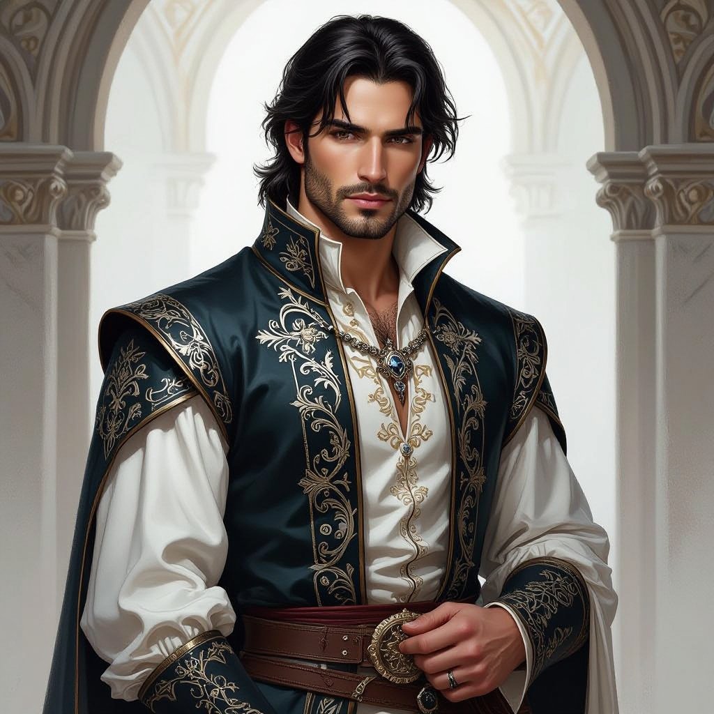 Man strongly built with black hair in nobles clothing from the Middle Ages bureaucrat