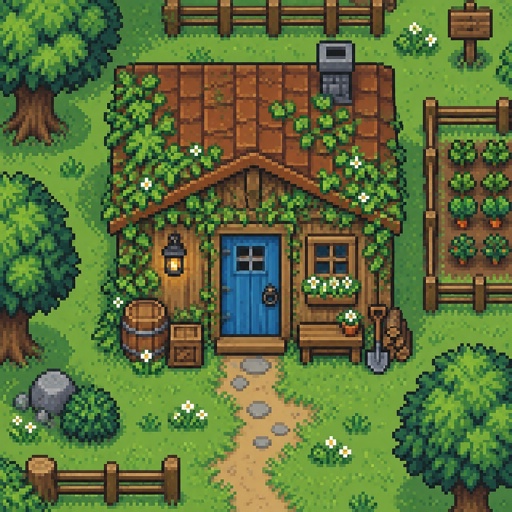 cozy shed vines for a modern fantasy game, exterior, top down style