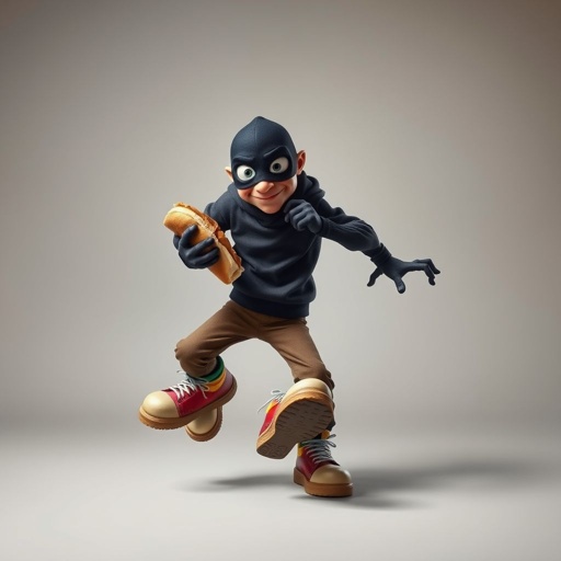 Create a funny looking clumsy thief with funny shoes on. Make him have on the bandit black thing around his eyes. And wanted for stealing sandwiches 