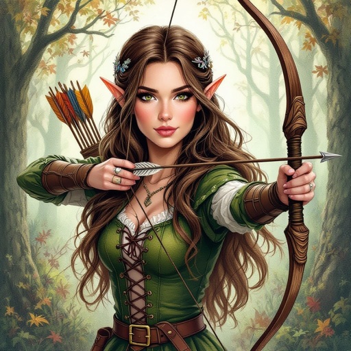 Women tree elf with long brown hair and brown eyes in the woods in a Halloween costume holding a long bow and a dragon 