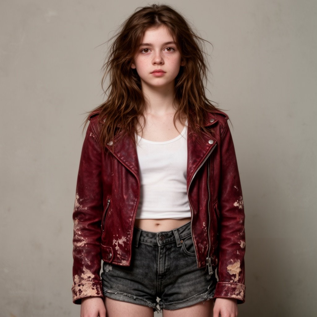 16 year old girl with medium sized brown messy hair down, light brown eyes, pale skin, dark red beat up jacket, white tank top and dark gray jean shorts