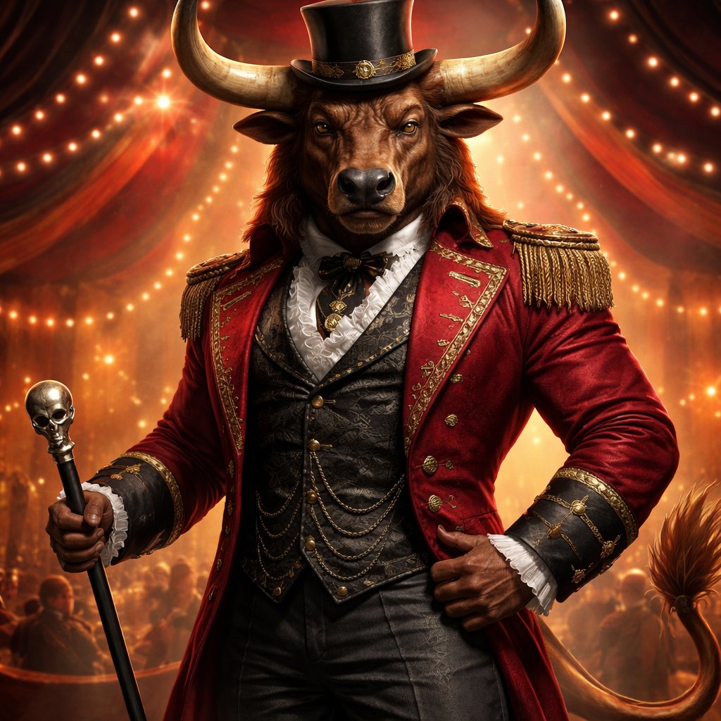 A male chestnut brown Minotaur with deep set cattle like brown eyes, large powerful gleaming horns like his fathers, a well~proportioned figure/body at lest 6 foot tall, long tail. He works at freak show as the ringmaster and his abilities are Reality Rejection, Time Manipulation (Chronokineses), Zoolingualism (Language of Cattle only), Human Speech. His mother is a human with half-animal (Cretan Cattle) physiology and his father is a Cretan Bull.