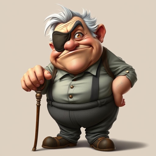 Create a grouchy funny old character who has 1 eye patched. Make him fat with a cane. Show his whole character head to toe in image 