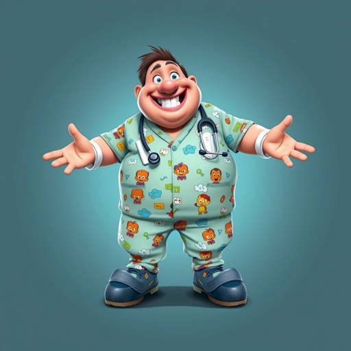 create a fat doctor. Who is funny human looking from head to toe. And he always immediately results to surgery for anything even small things. So please be sure to show his whole outfit head to toe. Make him have 1 tooth