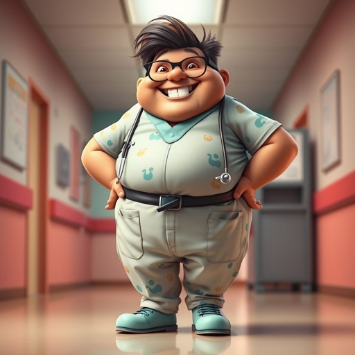 create a fat doctor. Who is funny human looking from head to toe. And he always immediately results to surgery for anything even small things. So please be sure to show his whole outfit head to toe. Make him have 1 tooth