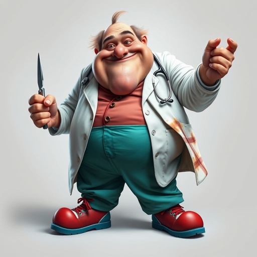 create a fat doctor. Who is funny human looking from head to toe. And he always immediately results to surgery for anything even small things. So please be sure to show his whole outfit head to toe. Make him have 1 tooth