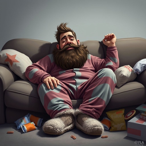 Create mid 30 character who is lazy as heck. And you could tell from his face and his entire outfit. Make is funny and the style of the graphic photographic