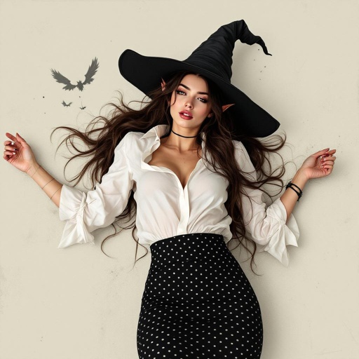 Brunette Elf Wizard Librarian with Long brunette hair in a tight black and white polka dot mini pencil skirt and a white open blouse and a witches hat. She is lying on the floor drunk.
