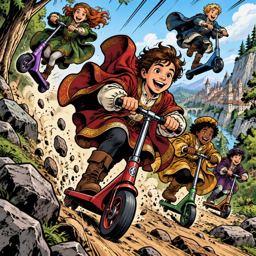 A group of children dressed in renaissance robes are writing different coloured scooters down a very, very dangerous hill with lots of rocks and trees. They’re all smiling and happy some of the scooters have flown in the air no print dots no speech bubbles vivid colours highly realistic