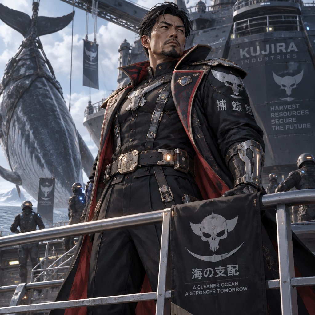 His name is Captain Shipwreck, a super villain, futuristic whale hunter, futuristic whale ship. Japanese muscular, futuristic captain suite