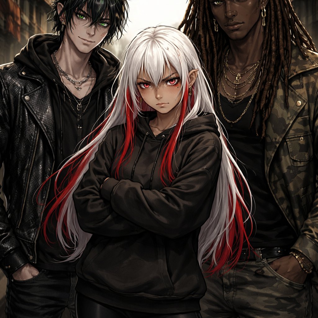 A girl with White long hair with red highlights golden skin ruby eyes she is wearing leggings and a baggy hoodie her sleeves are all the way down and she has a scowl on her face a defiant glare in her eyes next to her is a tall built man he has black hair and gems embedded in his skin almost like snake skin. He has green eyes and his pupils in slits he has pale skin on the other side of him is an even taller buffer man. He has long dreadlocks that are brown. He has gold face and ear piercings his skin is dark brown