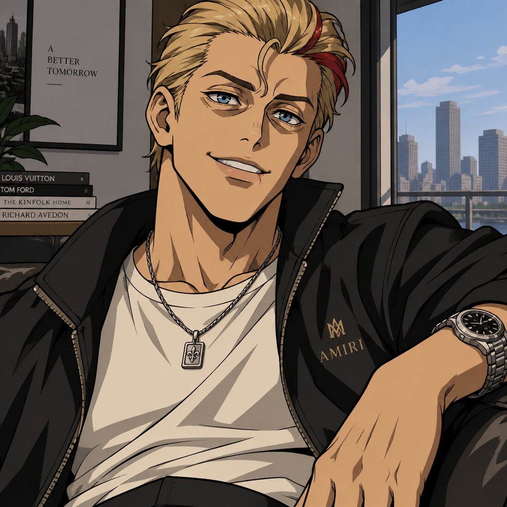 Male, blonde greased brushed back hair, curl on forehead, red streak in hair, scar on lip, blue eyes, eye bags, happy, designer, casual clothes