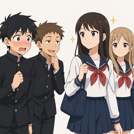 Teen boys eyeing pretty girls and one blushing 