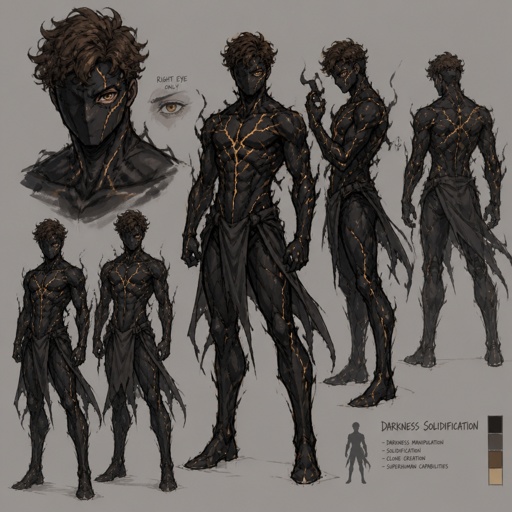Male superhero with darkness solidification,, mask covers whole face except one eye,curly brown hair, cracks, multiple of the same character 
