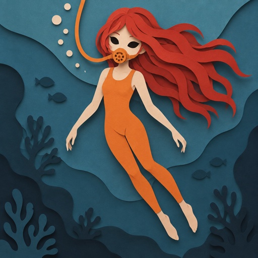 Female wearing an orange one piece legs covered sleeveless, red long hair, completely black eyes, orange breathing apparatus, 15 years old, floating 