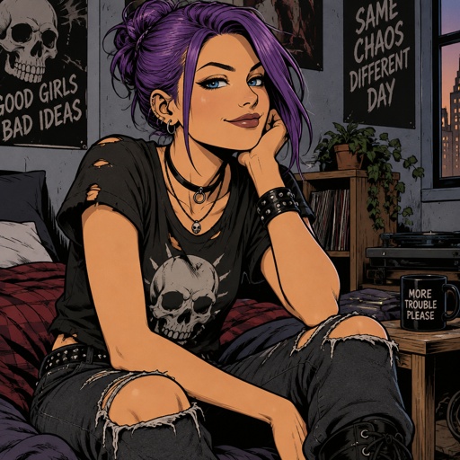 Female,medium hight ,pale,tan,blue eyes,vivid purple hair in a messy bun her front hair is swooped down in her right side,mischievous smile,rebel/grunge clothe style 
