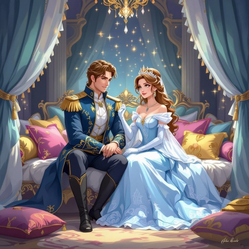 prince and princess in a room surrounded by cushions and bedding 