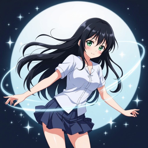 A girl with long black hair, green eyes, and she has gravity manipulation powers