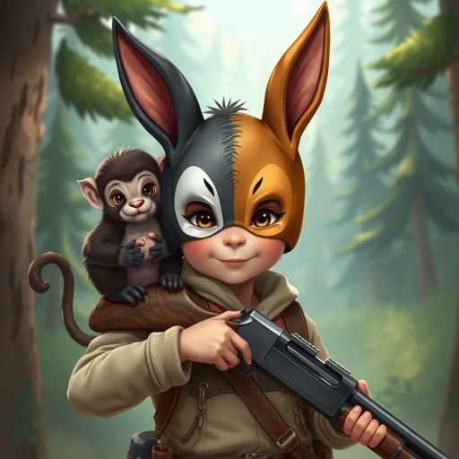 a young boy 5’6 with a tan bunny mask the mask is half black on one safe and the other is what and he has a pet monkey on his shoulder and the bunny mask has camera in it and he is holding his shotgun along with the monkey on his shoulder holding a mini baby bunny