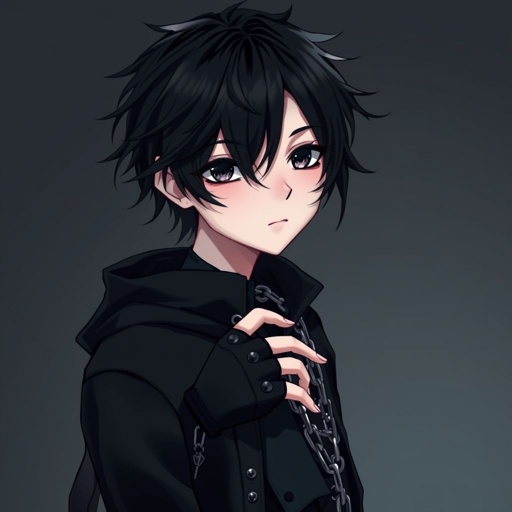 Create a teenage goth boy who has black hair, black eyes, pale skin and his attire is black.